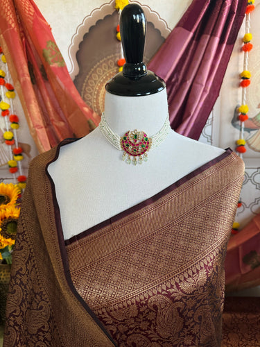 Banarasi Katan Pure Silk Saree | Handwoven | Deep Maroon with Antique Zari | Ships from California